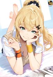 1girl absurdres black_scrunchie blonde_hair breasts cleavage copyright_logo copyright_notice double-parted_bangs dress_shirt elbow_rest fang feet green_eyes hair_ornament hair_scrunchie head_rest highres long_hair looking_at_viewer lying mahjong_soul mahjong_tile_hair_ornament medium_breasts official_art on_bed on_stomach ponytail scrunchie second-party_source shiraishi_nana shirt short_sleeves smile soles solo twirling_hair vest warabino_matsuri white_shirt yellow_vest
