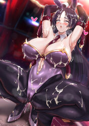 1girl absurdres animal_ears areola_slip armpits arms_behind_head arms_up ass bare_shoulders black_gloves black_pantyhose blush breasts bukkake cameltoe cleavage clothing_cutout commentary_request cum detached_collar elbow_gloves fake_animal_ears fate/grand_order fate_(series) gloves heart high_heels highleg highleg_leotard highres huge_breasts kuutamo leotard long_hair looking_at_viewer minamoto_no_raikou_(fate) navel navel_cutout necktie open_mouth pantyhose parted_bangs pink_pupils playboy_bunny purple_eyes purple_hair purple_leotard purple_shoes pussy_juice rabbit_ears rolling_eyes rope shoes smile solo spread_legs squatting sweat sweatdrop thighs trembling variant_set very_long_hair wrist_cuffs