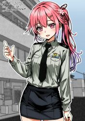 Rule 34 | 1girl, alternate costume, artist name, black necktie, blue hair, collared shirt, commentary request, dated, gradient hair, grey skirt, hair flaps, hair ornament, hair ribbon, harusame (kancolle), highres, hisamatomoki, japan maritime self-defense force, japan self-defense force, kantai collection, long hair, long sleeves, looking at viewer, military, military dress uniform, military rank insignia, military uniform, multicolored hair, naval dress uniform, naval uniform, necktie, one-hour drawing challenge, open mouth, pink eyes, pink hair, ribbon, ribbon bar, shirt, side ponytail, skirt, solo, white shirt
