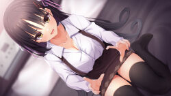 1girl :d aria_(koiiroharemoyou) black_hair black_panties black_thighhighs blurry blurry_background blush breasts brown_skirt cafe_stella_to_shinigami_no_chou cleavage collarbone collared_shirt commentary_request commission dutch_angle eyes_visible_through_hair fingernails flower foot_out_of_frame gluteal_fold hair_between_eyes hair_flower hair_ornament hair_ribbon hairclip high-waist_skirt highres index_fingers_raised indoors large_breasts long_hair long_sleeves looking_at_viewer mole mole_under_eye naughty_face no_shoes on_bed open_mouth paid_reward_available panties parallel_hairclips pencil_skirt pink_ribbon ribbon shiki_natsume shirt sitting skeb_commission skirt smile solo straight_hair suspender_skirt suspenders thigh_gap thighhighs thighs underwear v-shaped_eyebrows very_long_hair wariza white_flower white_shirt yellow_eyes zettai_ryouiki