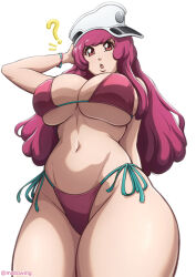 1girl arm_behind_head artist_name bikini bleach bleach:_sennen_kessen-hen bracelet breasts cleavage female_focus hat highres jewelry large_breasts long_hair meninas_mcallon military_hat mistowing open_mouth purple_eyes purple_hair quincy_(bleach) simple_background sternritter swimsuit underboob white_background