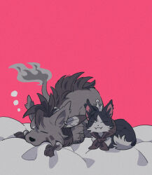 :3 animal animal_ear_fluff beads black_fur body_markings cait_sith_(final_fantasy) cape cat closed_eyes coffinsmokes crown facial_mark fangs fangs_out feather_hair_ornament feathers final_fantasy final_fantasy_vii final_fantasy_vii_rebirth final_fantasy_vii_remake flame-tipped_tail hair_beads hair_ornament mini_crown no_humans pink_background red_xiii scar scar_across_eye scar_on_face sidelocks sitting sleeping tuxedo_cat two-tone_fur white_fur