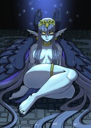 1girl alter_servant arm_support barefoot black_lips black_nails black_wings breasts circe_(fate) clinickcase commentary ear_piercing earrings english_commentary expressionless fate/grand_order fate_(series) feathered_wings full_body glowing glowing_eyes grey_hair hair_censor hairband highres jewelry long_hair medium_breasts nail_polish pelvic_curtain piercing sitting solo thighlet toe_ring toenail_polish toenails topless_female very_long_hair wings yellow_eyes yellow_hairband