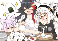 +_+ 3girls animal_ears black_hair black_hairband black_shirt blue_eyes bowl cat_ears cat_girl chopsticks closed_eyes commentary_request drooling food fox_ears fox_girl fox_tail hairband highres hololive meat multicolored_hair multiple_girls nekomata_okayu onigiri ookami_mio purple_hair red_hair rice saliva shamoji shirakami_fubuki shirt sparkle steam streaked_hair tada_no_shika tail two-tone_hair virtual_youtuber water white_hair wolf_ears wolf_girl