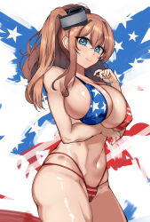 Rule 34 | 1girl, absurdres, alternate costume, american flag, american flag bikini, american flag print, arm under breasts, bikini, blue eyes, breasts, brown hair, cameltoe, cowboy shot, flag print, flag print bikini, hair between eyes, high side ponytail, highres, kantai collection, large breasts, long hair, multi-strapped bikini bottom, navel, ponytail, print bikini, purplecat, saratoga (kancolle), side ponytail, sidelocks, smokestack hair ornament, solo, standing, swimsuit
