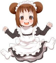 1girl :d apron black_dress blush brown_eyes brown_hair commentary_request double_bun dress frilled_hairband frilled_sleeves frills full_body futaba_channel hair_bun hairband highres long_sleeves looking_at_viewer maid maid_apron maid_headdress medium_hair nijiura_maids no_shoes open_mouth pantyhose pedoi sleeves_past_wrists smile soles solo teeth teruki_kuma upper_teeth_only white_apron white_hairband white_pantyhose