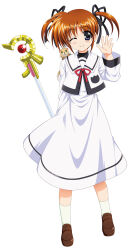 1girl absurdres anime_coloring black_ribbon blush brown_shoes collared_dress commentary_request dress ferret full_body hair_ribbon hand_up higa_yukari highres holding holding_behind_back holding_staff long_dress long_sleeves looking_at_viewer lyrical_nanoha mage_staff mahou_shoujo_lyrical_nanoha one_eye_closed raising_heart raising_heart_(device_mode) ribbon school_uniform seishou_elementary_school_uniform shoes short_hair simple_background smile solo staff takamachi_nanoha twintails waving white_background white_dress yuuno_scrya