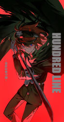 1boy absurdres black_jacket black_pants blue_eyes cloak closed_mouth gloves green_cloak hair_between_eyes highres holding holding_sword holding_weapon jacket katana long_hair looking_at_viewer mura_karuki pants red_hair sidelocks solo sumino_takumi sword the_hundred_line_-last_defense_academy- weapon white_gloves