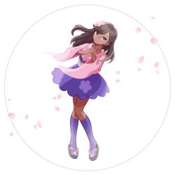 1girl brown_eyes brown_hair closed_mouth commentary dark-skinned_female dark_skin falling_petals ffccll flower full_body furisode_girl_(pokemon) furisode_girl_blossom hair_flower hair_ornament hands_up highres japanese_clothes kimono kneehighs knees_together_feet_apart long_hair looking_at_viewer nintendo petals pink_flower pink_kimono pokemon pokemon_xy purple_skirt purple_socks sandals skirt smile socks solo white_background