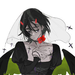 Rule 34 | 1girl, alien stage, alternate costume, black choker, black dress, black hair, black wings, chinese commentary, choker, closed mouth, commentary request, cross, demon horns, demon wings, dress, flower, flower choker, green wings, hand on own chest, highres, horns, juliet sleeves, long sleeves, looking to the side, medium hair, neck flower, partial commentary, puffy sleeves, purple eyes, red flower, red horns, see-through clothes, see-through veil, solo, sua (alien stage), tuxiaoning not, two-tone wings, upper body, veil, wings
