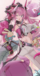 &gt;_&lt; 1girl :3 absurdres aqua_hair arknights arknights:_endfield auguste belt black_belt black_bra black_collar black_gloves black_horns blue_eyes blush bra breasts chinese_commentary collar detached_sleeves eyelashes gloves grey_tail grid_background hair_intakes hair_ornament hair_ribbon hairclip heart highres horns large_breasts long_hair long_sleeves looking_at_viewer multicolored_hair navel navel_piercing one_eye_closed open_mouth pants piercing pink_background pink_gloves pink_hair pink_horns pink_lips pink_sleeves pink_tube_top pointy_ears ribbon smile stomach strapless streaked_hair sweat tail tongue tube_top twintails two-tone_gloves two-tone_hair underwear v v_over_head white_pants white_ribbon white_tube_top yvonne_(arknights)