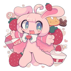 1boy :3 allen_(makemon!) animal_ears bayachao blue_eyes bow bowtie cake cape commentary_request cookie deformed food fruit furry furry_male happy highres makemon! male_focus official_art open_mouth pink_cape pink_fur rabbit_boy rabbit_ears rabbit_tail simple_background smile solo strawberry tail trap white_background white_bow white_bowtie