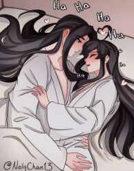 2boys absurdres ahoge bed black_eyes black_hair blush closed_eyes heart heart_ahoge highres lan_wangji long_hair long_sleeves looking_at_another lying male_focus modao_zushi multiple_boys nelychan13 non-web_source on_bed on_side open_mouth parted_lips profile robe sidelocks teeth very_long_hair wei_wuxian white_robe wide_sleeves yaoi