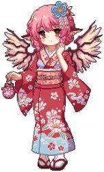 1girl alternate_costume animal_ears bird_ears bird_wings brown_eyes earrings floral_print floral_print_kimono flower_hairpin full_body game_cg holding japanese_clothes jewelry kimono kumio lowres medium_hair mystia_lorelei pink_hair print_kimono red_kimono sandals single_earring solo tabi tachi-e third-party_source touhou touhou_mystia&#039;s_izakaya transparent_background wings zouri