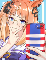 1girl animal_ears bespectacled blue_eyes bow bowtie cellphone dated espoir_city_(umamusume) fang glasses highres holding holding_phone horse_ears horse_girl horseshoe_ornament phone photo-referenced purple_bow purple_bowtie purple_serafuku purple_shirt rimless_eyewear round_eyewear sailor_collar sailor_shirt school_uniform selfie serafuku shiromaru_(maniado) shirt skin_fang smartphone solo tracen_school_uniform twitter_username umamusume v voice_actor_connection