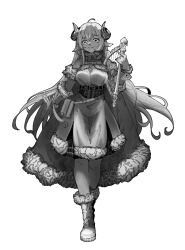 1girl absurdres ahoge animal_ears arm_guards bare_shoulders belt belt_pouch boots bow bowtie breasts cape closed_mouth cross-laced_clothes curled_horns detached_sleeves full_body fur-trimmed_boots fur-trimmed_cape fur-trimmed_skirt fur_collar fur_trim greyscale hand_up harp hashtag-only_commentary highres holding holding_instrument hololive horns instrument large_breasts long_hair looking_at_viewer matata1203 monochrome pouch ribbed_shirt sheep_ears sheep_girl sheep_horns shirt simple_background skirt sleeveless sleeveless_shirt smile solo tsunomaki_watame underbust very_long_hair virtual_youtuber walking