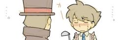 apron blush brown_hair closed_eyes frilled_apron frills future_luke gyoniku21 hat hershel_layton lowres professor_layton soup_ladle sweatdrop top_hat white_background