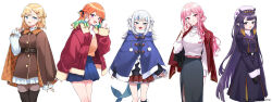 5girls :d absurdres aneco_(westsea1227) belt beret black_hair black_sweater blonde_hair blue_capelet blue_eyes blue_hair blue_skirt blunt_bangs bob_cut bracelet brown_capelet brown_jacket capelet casual coat coat_on_shoulders double_bun fingernails fins fish_tail frilled_sleeves frills gawr_gura gloves gradient_hair green_hair grey_eyes grey_hair grey_skirt grin hair_bun hair_ornament hair_ribbon hairpin happy_valentine hat highres hololive hololive_english holomyth jacket jewelry kneehighs long_hair long_skirt looking_at_viewer medium_hair mole mole_under_eye mori_calliope multicolored_hair multiple_girls nail_polish ninomae_ina&#039;nis ninomae_ina&#039;nis_(casual) official_alternate_costume official_alternate_hairstyle official_art open_mouth orange_hair peacoat pink_eyes pink_hair pink_nails pleated_skirt pointy_ears poncho ponytail purple_coat purple_eyes purple_hair red_coat red_jacket red_skirt ribbon shark_girl shark_tail sharp_teeth short_hair skirt smile socks straight_hair streaked_hair sweater tail takanashi_kiara teeth tentacle_hair thighhighs turtleneck two_side_up upper_teeth_only very_long_hair virtual_youtuber watson_amelia waving white_sweater