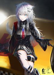 1girl absurdres animal_ears arknights black_gloves black_jacket black_skirt blue_eyes bolo_tie chromatic_aberration commentary_request feet_out_of_frame gloves hair_between_eyes hair_ornament hairclip high-waist_skirt highres jacket lappland_(arknights) lappland_the_decadenza_(arknights) long_hair long_sleeves looking_at_viewer material_growth oripathy_lesion_(arknights) partial_commentary salt_on_dice scar scar_across_eye scar_on_face sitting skirt smile solo white_hair wolf_ears wolf_girl