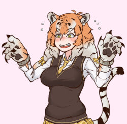 1girl animal_ears animal_hands black_vest breasts claws commentary_request flying_sweatdrops gradient_hair grey_hair kemono_friends kemono_friends_3 large_breasts multicolored_hair neckerchief orange_hair pink_background pleated_skirt polka_dot polka_dot_necktie polka_dot_skirt siberian_tiger_(kemono_friends) skirt solo tail tiger_ears tiger_girl tiger_tail underwear vest vss83904922 yellow_neckerchief