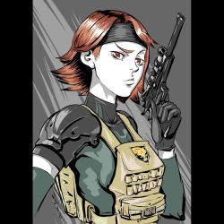 Rule 34 | 1girl, armor, bandana, breasts, brown eyes, brown hair, gloves, gun, handgun, headband, highres, koda1ra, konami, looking at viewer, meryl silverburgh, metal gear (series), metal gear solid 4: guns of the patriots, pistol, red hair, short hair, simple background, solo, weapon