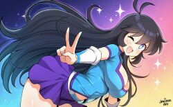 1girl ahoge antenna_hair black_hair blue_eyes blue_shirt blush breasts cleavage cleavage_cutout clothing_cutout colorful_background eyebrows_hidden_by_hair freckles hair_between_eyes highres jarckius large_breasts long_hair looking_at_viewer one_eye_closed open_mouth original purple_skirt shirt skirt sleeve_cuffs smile solo sparkle_background standing tougue turtleneck turtleneck_shirt v very_long_hair yukihana_(jarckius)