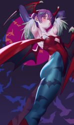 1girl animal_print bare_shoulders bat_print bat_wings blue_pantyhose breasts darkstalkers demon_girl diamond_cutout head_wings highleg highres leotard lilith_(darkstalkers) looking_at_viewer pantyhose poch4n print_pantyhose purple_hair red_eyes red_leotard short_hair small_breasts solo wings