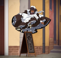 1girl apron black_dress black_hair blunt_bangs bow bowtie building closed_eyes commentary concentrating dark-skinned_female dark_skin dress english_commentary green_shoes long_sleeves maid maid_apron maid_headdress menu_board neckwear_request original shoes short_hair skateboard skateboarding sneakers solo suzushiro_(suzushiro333) urban