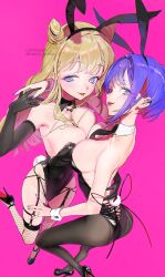 Rule 34 | 2girls, absurdres, animal ear hairband, animal ears, bare arms, bare shoulders, black garter straps, black gloves, black hairband, black leotard, black necktie, black pantyhose, black shoes, blonde hair, blue eyes, blue hair, blush, breast press, breasts, character request, colored inner hair, cone hair bun, detached collar, elbow gloves, fake animal ears, fake tail, fishnet thighhighs, fishnets, garter straps, gloves, grimoire ~shiritsu grimoire mahou gakuen~, hair bun, hairband, hand on another&#039;s neck, hand on another&#039;s waist, high heels, highleg, highleg leotard, highres, large breasts, leotard, long hair, multicolored hair, multiple girls, munikomamu, necktie, open mouth, pantyhose, playboy bunny, purple nails, rabbit ear hairband, rabbit ears, rabbit tail, red hair, shoes, short hair, standing, standing on one leg, strapless, strapless leotard, tail, thighhighs, tongue, tongue out, two-tone hair, wrist cuffs