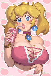 1girl alternate_hairstyle blonde_hair blue_eyes breasts bursting_breasts cleavage crown drinking drinking_straw drinking_straw_in_mouth earrings food freckles fruit highres holding_juice_box huge_breasts jewelry juice juice_box large_breasts lips looking_at_viewer mario_(series) nintendo peach princess_peach riz solo thick_eyebrows thick_lips twintails