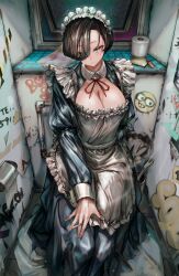 1girl absurdres apron black_dress black_hair bow breasts cigarette cleavage closed_mouth collar commentary_request dot_nose dress feet_out_of_frame frilled_apron frills graffiti grey_eyes hair_over_one_eye highres holding holding_cigarette large_breasts light_smile lighter long_bangs looking_at_viewer maid maid_apron maid_headdress open_clothes open_dress open_window original public_indecency puffy_sleeves short_hair sleeve_bow smoking soleil_(soleilmtfbwy03) solo thick_eyelashes toilet_brush toilet_paper toilet_stall white_collar window