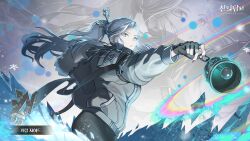 1girl bell black_gloves black_skirt blue_eyes blue_hair fingerless_gloves fur-trimmed_jacket fur_trim game_cg garam_zahard gloves gradient_hair grey_jacket highres ice jacket long_hair looking_at_viewer multicolored_hair ponytail red_nails skirt solo sunsumizu teeth tower_of_god tower_of_god:_great_journey