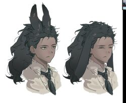 1boy animal_ears art_program_in_frame black_eyes black_hair closed_eyes collared_shirt curly_hair highres kemonomimi_mode library_of_ruina male_focus medium_hair multiple_views necktie olivier_(project_moon) project_moon rabbit_ears shirt solo unamused white_background white_shirt wuruko