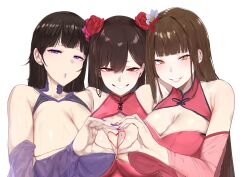 3girls absurdres blunt_bangs breasts brown_hair china_dress chinese_clothes cleavage cleavage_cutout clothing_cutout detached_sleeves double_finger_heart dress finger_heart flower grin hair_flower hair_ornament highres jinglan_(xiuxian:_mu_zhu_chuan) mature_female mole mole_on_breast mousekkk multiple_girls orange_eyes puckered_lips purple_eyes purple_lips qionghua_(xiuxian:_mu_zhu_chuan) red_eyes see-through_clothes see-through_sleeves smile teeth upper_body white_background xiuxian:_mu_zhu_chuan yun_shu_(xiuxian:_mu_zhu_chuan)