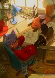 1other absurdres against_desk alternate_costume androgynous animal_ears animal_hat blue_hair box brown_poncho cardboard_box cat_ears chair child colored_sclera commentary day desk desk_lamp drawer english_commentary eraser fox glass_bottle green_scarf hat highres lamp light_bulb light_rays niko_(oneshot) oneshot_(game) paint_box paintbrush pencil pencil_as_mustache plaid_clothes plaid_scarf plant potted_plant rue_(oneshot) scarf shadches72 sketchbook sunbeam sunlight very_long_sleeves window yellow_sclera