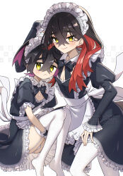 1boy 1girl alternate_costume black_bow black_bowtie black_dress black_hair blush bow bowtie breasts brother_and_sister carmine_(pokemon) closed_mouth crossed_bangs dress enmaided frills garter_straps hair_between_eyes highres hugging_own_legs juliet_sleeves kieran_(pokemon) leftporygon long_hair long_sleeves looking_at_viewer maid maid_headdress mole mole_on_neck mole_under_eye multicolored_hair nintendo pokemon pokemon_sv puffy_sleeves purple_hair red_hair short_sleeves siblings simple_background small_breasts thighhighs trap white_thighhighs yellow_eyes