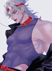 absurdres bare_shoulders belt birthmark black_jacket black_leotard chain chain_leash collar curly_hair curtained_hair dio_brando ear_birthmark earrings eyelashes from_side hair_between_eyes headband highres hoop_earrings jacket jewelry joestar_birthmark jojo_no_kimyou_na_bouken leash leotard long_hair muscular muscular_male navel off-shoulder_jacket off_shoulder oyatsu_(205415) red_belt red_collar red_eyes red_headband red_lips simple_background single_off_shoulder stardust_crusaders upper_body white_background white_hair