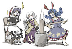 3girls angel_wings animal_ears barefoot beige_jacket black_capelet black_hair blue_dress bound bound_arms bow bowtie brown_footwear capelet chair covered_eyes crescent_print doremy_sweet dress earclip hair_between_eyes hat highres kine kishin_sagume long_sleeves mallet motion_lines multiple_girls open_mouth peroponesosu. pom_pom_(clothes) puffy_short_sleeves puffy_sleeves purple_dress purple_hair rabbit_ears red_eyes red_neckwear santa_hat seiran_(touhou) short_hair short_sleeves simple_background single_wing star_(symbol) star_print touhou white_background white_hair wings