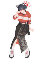 1girl :o alternate_costume animal_ears arm_support bag black_eyes black_hair black_skirt blue_archive blush breasts casual cropped_hoodie fikkyun full_body halo hand_up high-waist_skirt highres hood hoodie invisible_chair large_breasts long_sleeves looking_at_viewer one_eye_closed red_hoodie rubbing_eyes shoes short_hair simple_background sitting skirt sneakers socks solo tsubaki_(blue_archive) white_background white_shoes white_socks