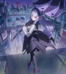 1girl absurdres aki_a0623 black_nails bow bowtie building cityscape commentary_request frills hairband high_heels highres holding holding_umbrella long_hair long_sleeves looking_at_viewer looking_back mole mole_under_eye multicolored_hair night night_sky pantyhose parasol platform_heels pointy_ears purple_bow purple_bowtie purple_hair purple_hairband red_eyes sky solo streaked_hair umbrella vivian_banshee wide_sleeves zenless_zone_zero