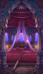 bed canopy_bed column commentary fate/grand_order fate_(series) glowing indoors lasengle middle_eastern_architecture no_humans official_art pillar pillow scenery staff still_life third-party_source