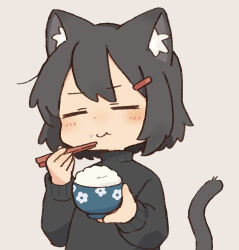 1girl animal_ear_fluff animal_ears bowl cat_ears cat_girl cat_tail chopsticks closed_eyes commentary_request eating food food_on_face fumiko_(rubra_plumeria) hair_ornament hairclip highres holding holding_bowl holding_chopsticks long_sleeves original rice rice_bowl short_hair solo sweater tail