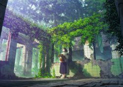 1girl blue_skirt brown_hair brown_hat commentary_request day female_focus forest hat holding holding_unworn_clothes holding_unworn_hat ivy long_skirt looking_away mocha_(cotton) nature original outdoors overgrown pleated_skirt ruins shirt shoes short_sleeves skirt solo standing striped_clothes striped_shirt sunlight tree unworn_hat unworn_headwear vertical-striped_clothes vertical-striped_shirt white_shirt white_shoes