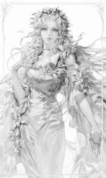 1girl curly_hair dress greyscale hand_up headgear highres lips long_hair monochrome nose original solo vlfdus_0