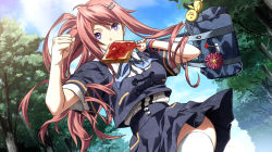 1girl ahoge avenue bag beak bird blank_eyes blue_bow blue_bowtie bow bowtie bread bread_slice cloud cloudy_sky cowboy_shot day duck dunamis_15 dutch_angle female_focus flower food food_in_mouth fringe_trim from_below game_cg goto_manami hair_between_eyes hair_ornament hair_over_one_eye hairclip handbag heart holding hurry jam long_hair miniskirt mouth_hold nagahama_megumi non-web_source pink_hair ponytail purple_eyes running school_uniform shirt skirt sky solo thighhighs toast toast_in_mouth tree upper_body white_shirt white_thighhighs wristband zettai_ryouiki zipper zipper_pull_tab