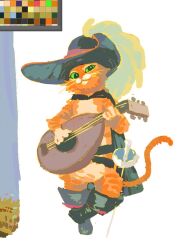 Rule 34 | black boots, boots, cat boy, clip studio paint (medium), color guide, green eyes, gymnopedies2, instrument, looking at viewer, music, orange cat, orange fur, playing guitar, playing instrument, puss in boots: the last wish, puss in boots (shrek), shrek (series), tabby cat
