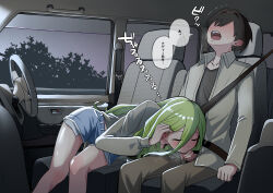 1boy 1girl absurdres aijou_rentarou blue_shorts blush car_interior closed_eyes commentary exposed_pocket fellatio green_hair grey_shirt hair_between_eyes handjob hetero highres kimi_no_koto_ga_dai_dai_dai_dai_daisuki_na_100-nin_no_kanojo long_hair long_hair_between_eyes open_mouth oral seatbelt shashadog18 shirt short_shorts shorts sitting steering_wheel tucking_hair wing_collar yamato_nadeshiko_(hyakkano)