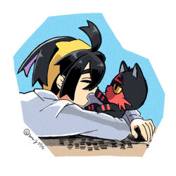 1boy alternate_costume closed_eyes colored_sclera from_side gen_7_pokemon grey_jacket hair_between_eyes hairband jacket kieran_(pokemon) litten long_sleeves male_focus nintendo open_mouth pokemon pokemon_(creature) pokemon_sv profile purple_hair sakuramochi0906 twitter_username upper_body yellow_hairband yellow_sclera