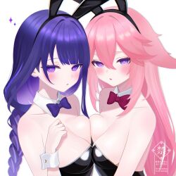 2girls absurdres alternate_costume animal_ear_hairband animal_ears bare_shoulders black_hairband black_leotard blush bow bowtie breast_press breasts cleavage collar collarbone commentary_request detached_collar fake_animal_ears fuminshou_(nekopan_art) genshin_impact hair_between_eyes hairband hand_up highres leotard long_hair looking_at_viewer medium_breasts multiple_girls parted_lips pink_hair playboy_bunny purple_bow purple_bowtie purple_eyes purple_hair rabbit_ears raiden_shogun red_bow red_bowtie simple_background star_(symbol) strapless strapless_leotard symmetrical_docking upper_body very_long_hair white_background white_collar white_wrist_cuffs wrist_cuffs yae_miko