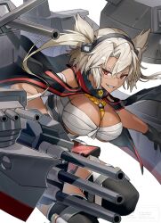 Rule 34 | 1girl, bandages, black gloves, black thighhighs, breasts, budget sarashi, chest sarashi, cleavage, commentary request, dark-skinned female, dark skin, glasses, gloves, grey hair, grin, hair between eyes, headgear, highres, kantai collection, large breasts, long hair, miniskirt, musashi (kancolle), pleated skirt, red eyes, red skirt, rigging, sarashi, simple background, skirt, smile, solo, thighhighs, tsugutoku, twintails, white background